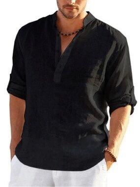 King Billion Men's Size M Cotton Linen Full Button Up Shirt Black NWOT